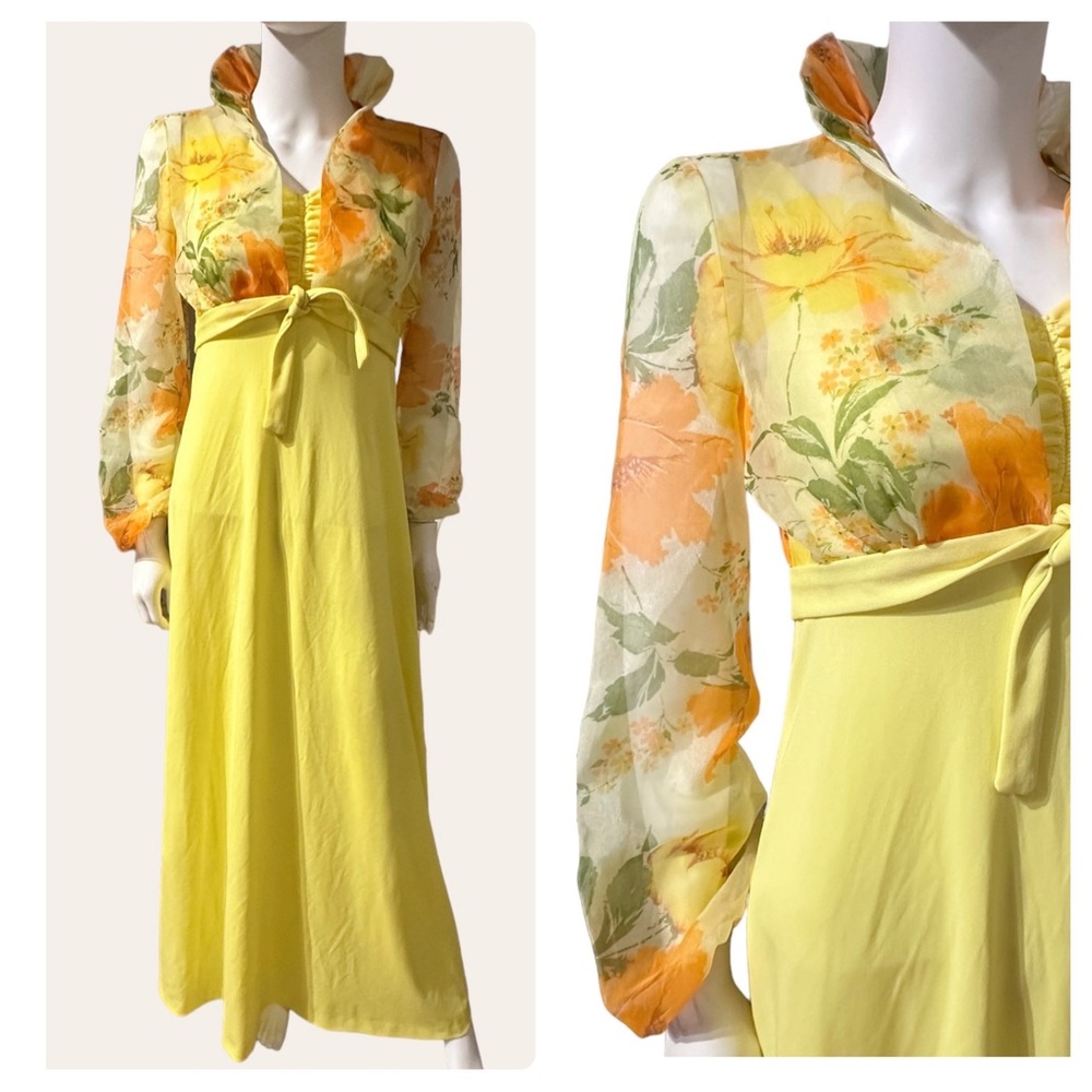 Vintage yellow maxi dress w/ cinched bust & matching sheer floral print jacket. - Picture 2 of 9